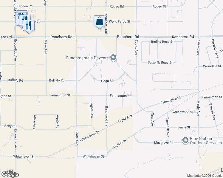 map of restaurants, bars, coffee shops, grocery stores, and more near 6965 Bandicoot Trail in Hesperia