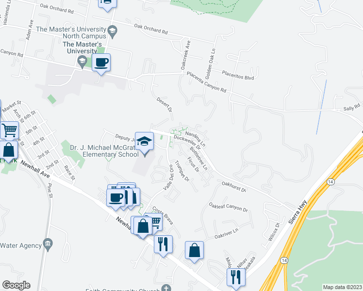 map of restaurants, bars, coffee shops, grocery stores, and more near 21339 Ficus Drive in Santa Clarita