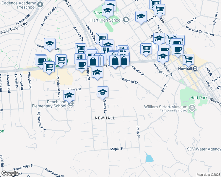 map of restaurants, bars, coffee shops, grocery stores, and more near 24700 Valley Street in Santa Clarita