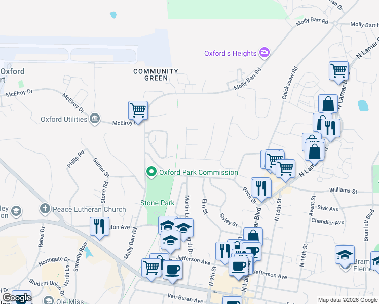 map of restaurants, bars, coffee shops, grocery stores, and more near 502 Summerset Drive in Oxford