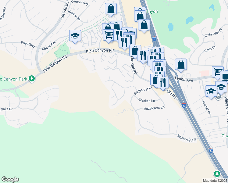 map of restaurants, bars, coffee shops, grocery stores, and more near Jasmine Lane in Stevenson Ranch
