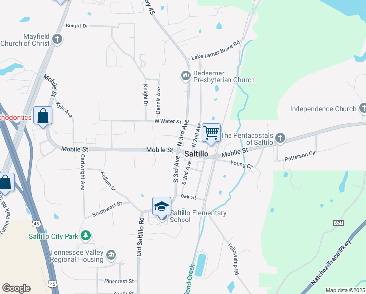 map of restaurants, bars, coffee shops, grocery stores, and more near 342 South 3rd Avenue in Saltillo