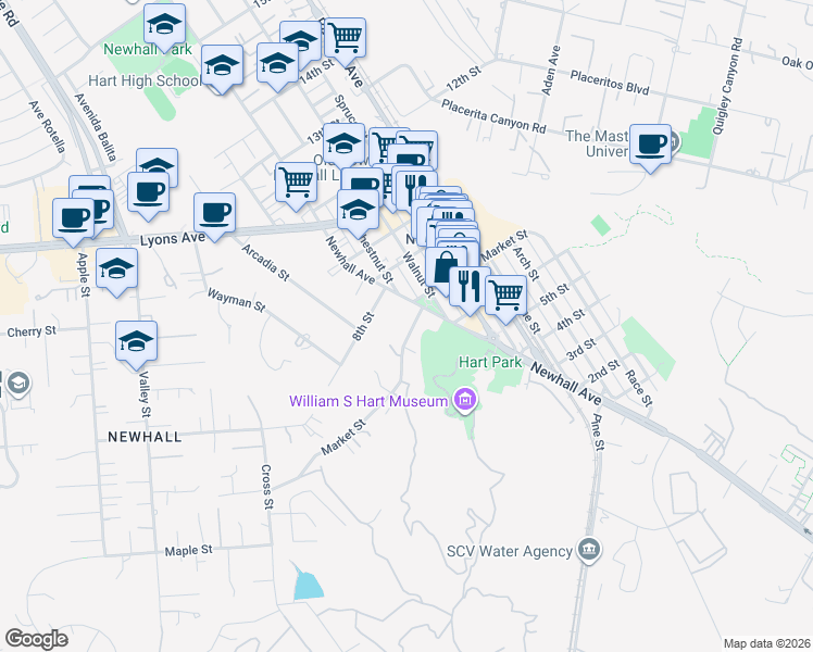 map of restaurants, bars, coffee shops, grocery stores, and more near 22825 Market Street in Santa Clarita