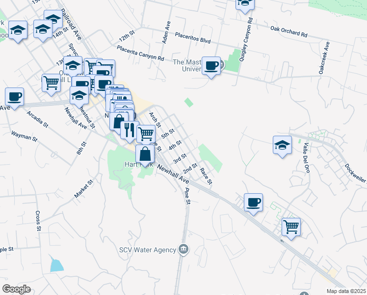 map of restaurants, bars, coffee shops, grocery stores, and more near 24117 Race St in Santa Clarita
