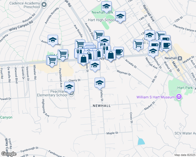 map of restaurants, bars, coffee shops, grocery stores, and more near 24705 Valley Street in Santa Clarita