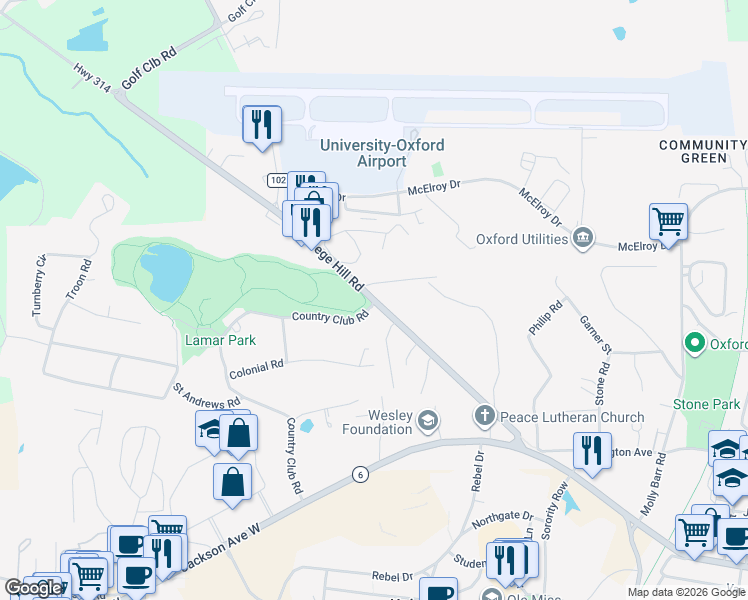 map of restaurants, bars, coffee shops, grocery stores, and more near 100 Country Club Road in Oxford