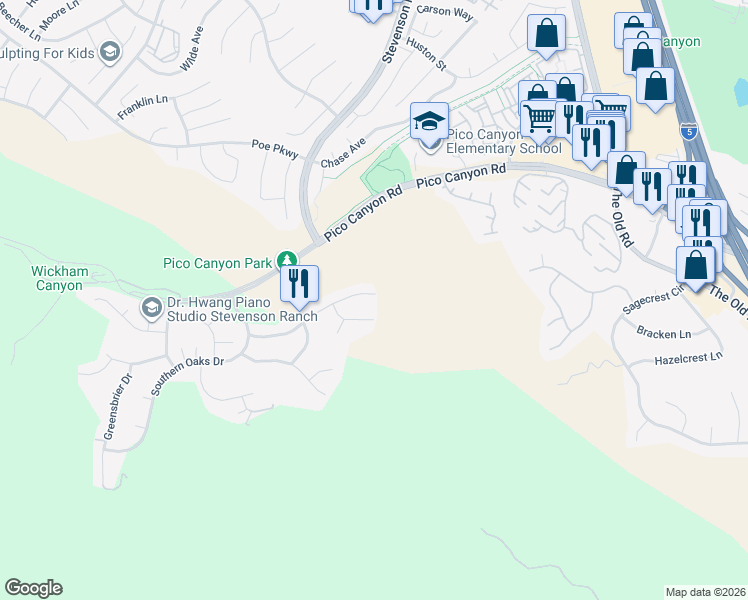 map of restaurants, bars, coffee shops, grocery stores, and more near 25402 Magnolia Lane in Stevenson Ranch