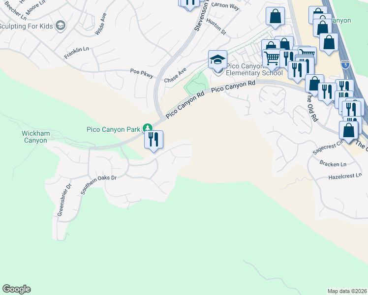 map of restaurants, bars, coffee shops, grocery stores, and more near 25422 Magnolia Lane in Stevenson Ranch