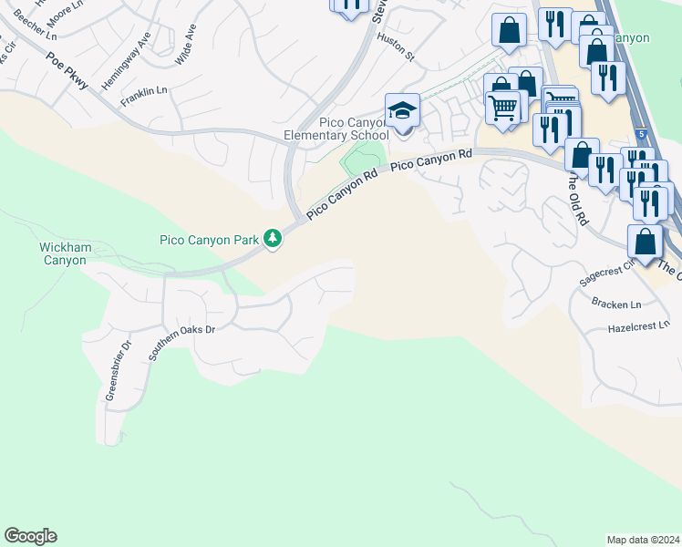 map of restaurants, bars, coffee shops, grocery stores, and more near 25422 Magnolia Lane in Stevenson Ranch