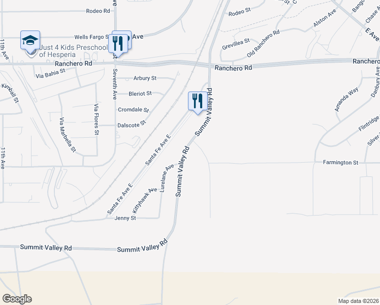 map of restaurants, bars, coffee shops, grocery stores, and more near 6959 Summit Valley Road in Hesperia