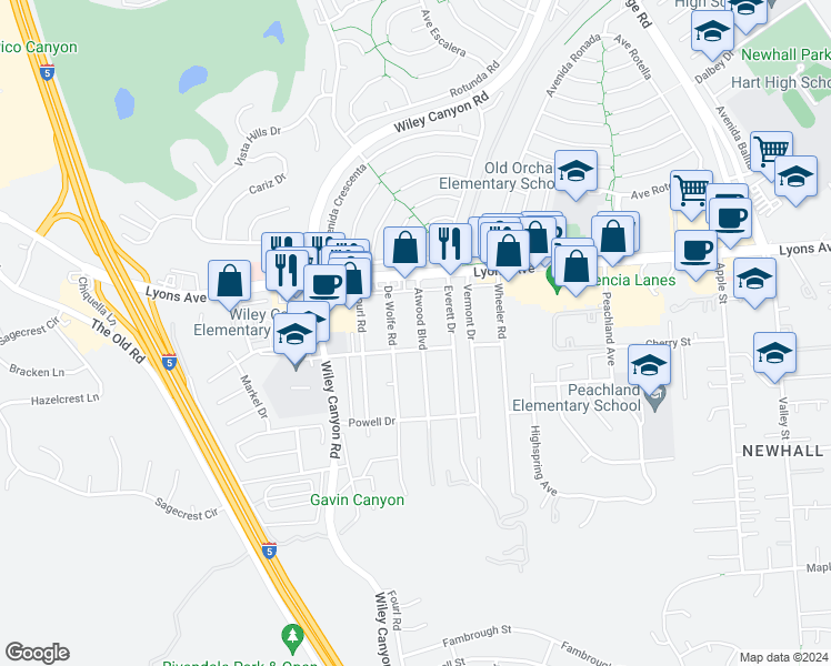 map of restaurants, bars, coffee shops, grocery stores, and more near 25217 Atwood Boulevard in Santa Clarita