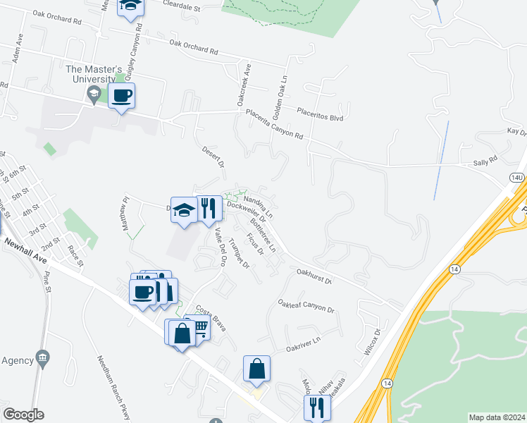 map of restaurants, bars, coffee shops, grocery stores, and more near 21314 Nandina Lane in Santa Clarita