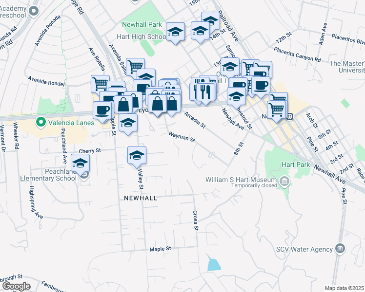 map of restaurants, bars, coffee shops, grocery stores, and more near 24576 Lola Lane in Santa Clarita