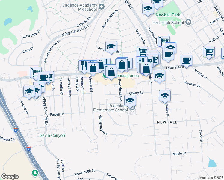 map of restaurants, bars, coffee shops, grocery stores, and more near 25011 Peachland Avenue in Santa Clarita