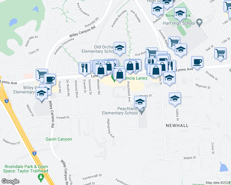 map of restaurants, bars, coffee shops, grocery stores, and more near 25019 Peachland Avenue in Santa Clarita