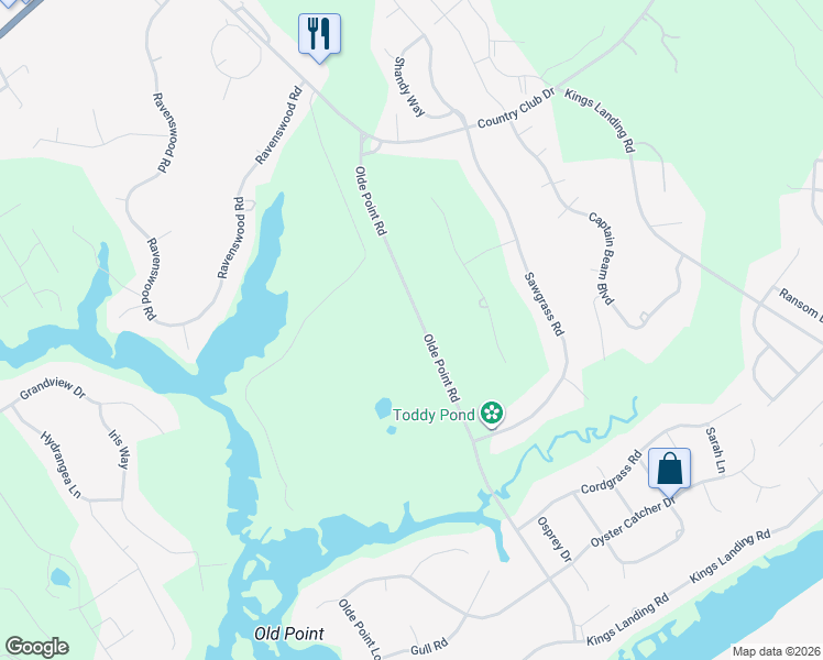 map of restaurants, bars, coffee shops, grocery stores, and more near 140 Olde Point Road in Hampstead