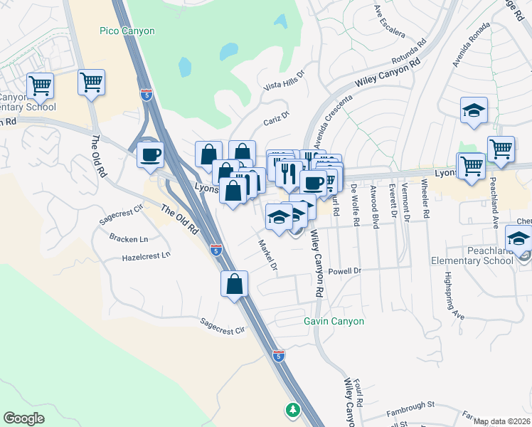 map of restaurants, bars, coffee shops, grocery stores, and more near 25224 Avenue Dorena in Santa Clarita