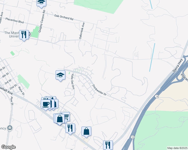 map of restaurants, bars, coffee shops, grocery stores, and more near 24491 Valle Del Oro in Santa Clarita