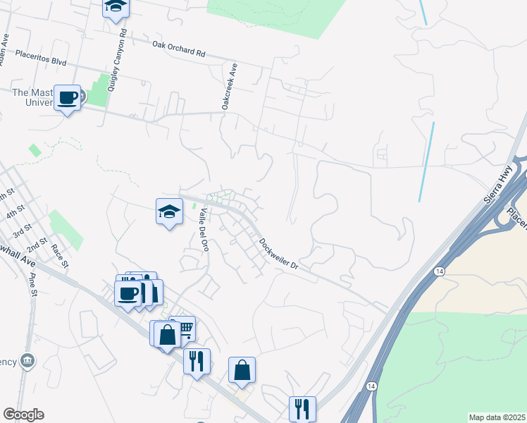 map of restaurants, bars, coffee shops, grocery stores, and more near 24491 Valle Del Oro in Santa Clarita