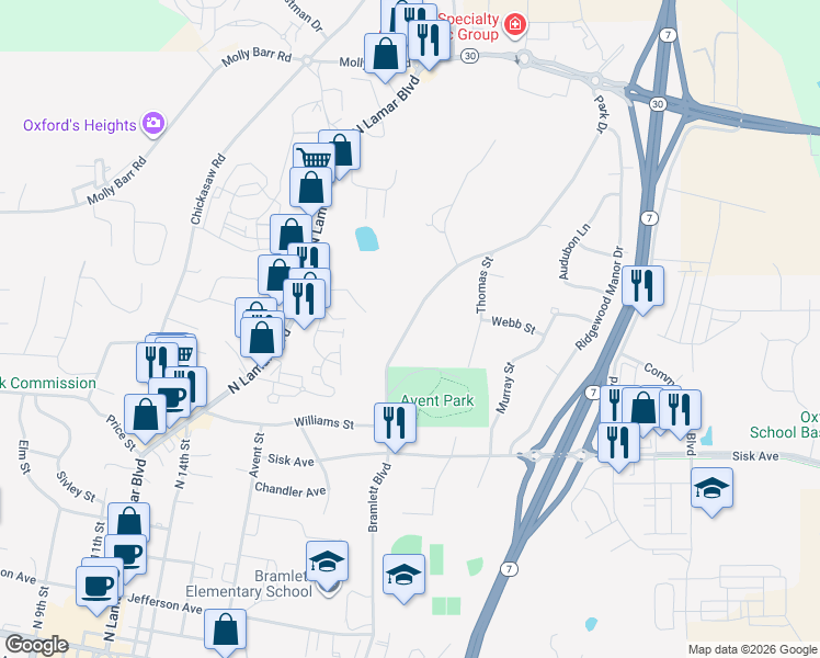 map of restaurants, bars, coffee shops, grocery stores, and more near 400 Park Drive in Oxford