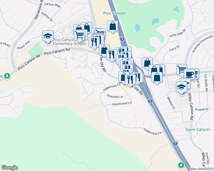map of restaurants, bars, coffee shops, grocery stores, and more near 25211 Sagecrest Circle in Stevenson Ranch