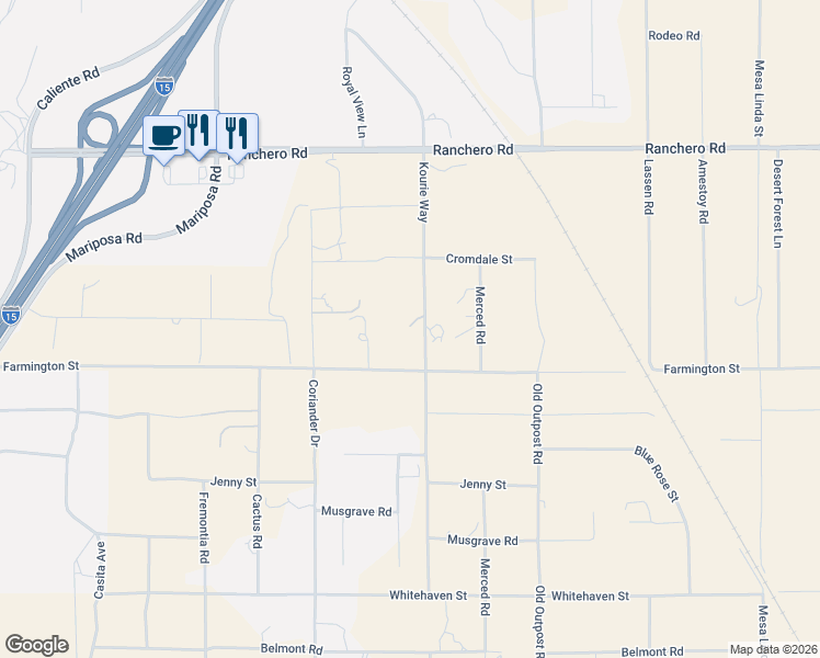 map of restaurants, bars, coffee shops, grocery stores, and more near 6977 Kourie Way in Hesperia