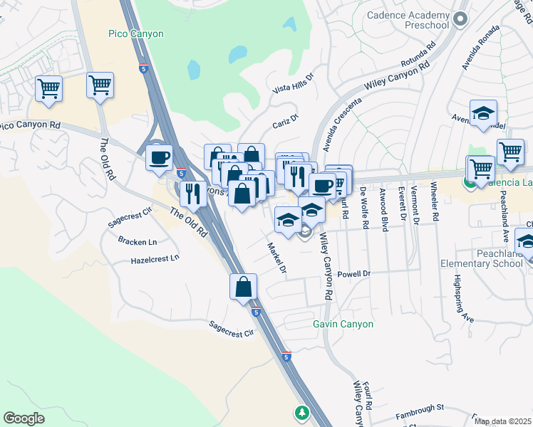 map of restaurants, bars, coffee shops, grocery stores, and more near 25216 Markel Drive in Santa Clarita