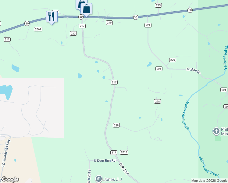map of restaurants, bars, coffee shops, grocery stores, and more near County Road 217 in Lafayette County