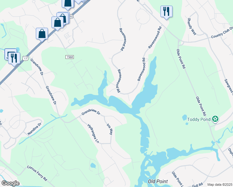 map of restaurants, bars, coffee shops, grocery stores, and more near 500 Ravenswood Road in Hampstead