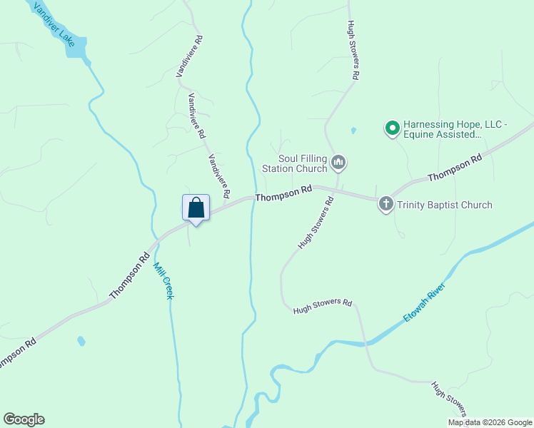 map of restaurants, bars, coffee shops, grocery stores, and more near 1206 Thompson Road in Dawsonville