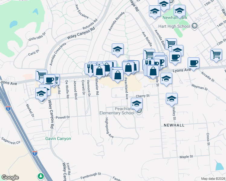 map of restaurants, bars, coffee shops, grocery stores, and more near 25023 Peachland Avenue in Santa Clarita