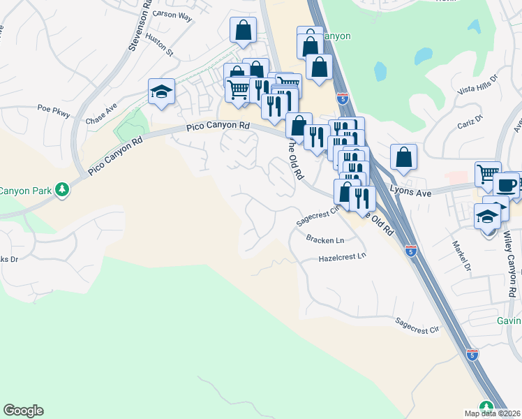 map of restaurants, bars, coffee shops, grocery stores, and more near 25018 Smokewood Way in Stevenson Ranch