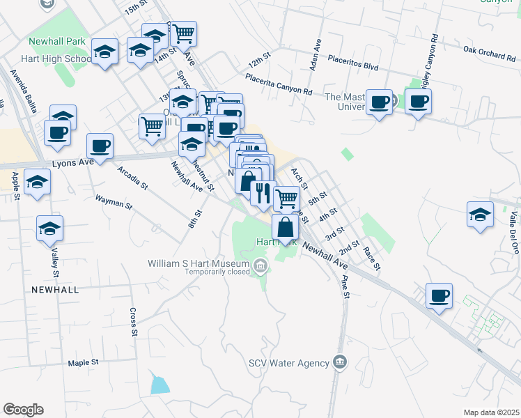 map of restaurants, bars, coffee shops, grocery stores, and more near 24203 Main Street in Santa Clarita