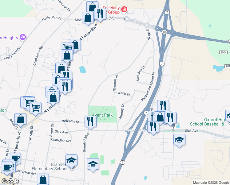 map of restaurants, bars, coffee shops, grocery stores, and more near 598 Webb St in Oxford