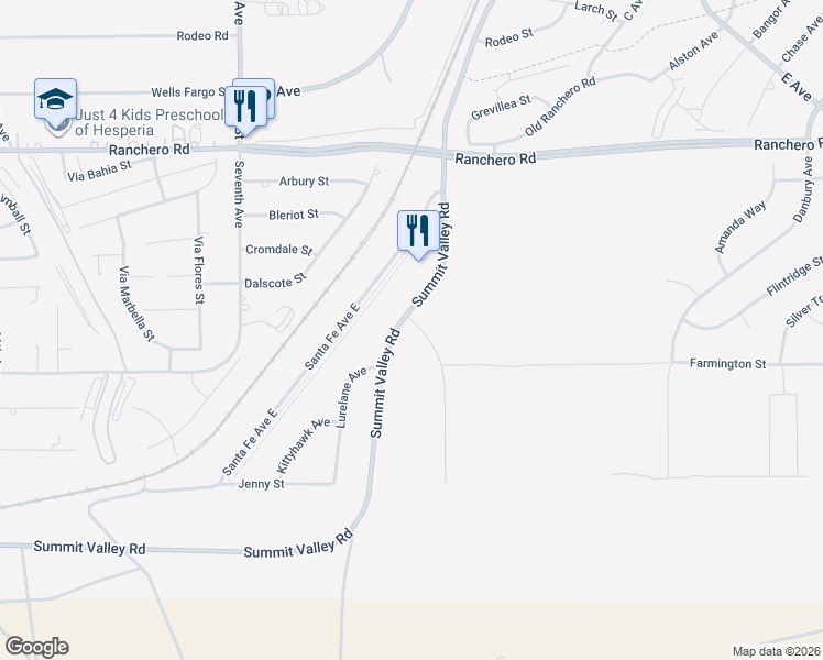 map of restaurants, bars, coffee shops, grocery stores, and more near 6959 Summit Valley Road in Hesperia