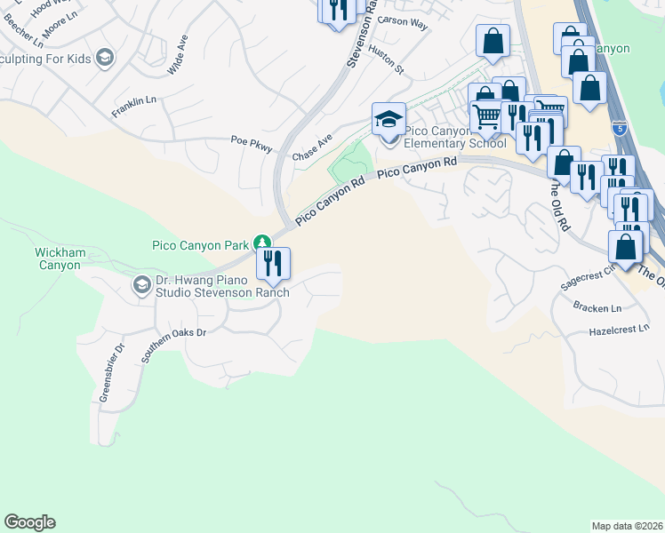 map of restaurants, bars, coffee shops, grocery stores, and more near 25402 Magnolia Lane in Stevenson Ranch