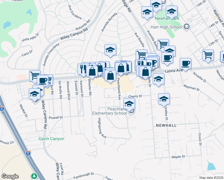 map of restaurants, bars, coffee shops, grocery stores, and more near 25031 Peachland Avenue in Santa Clarita