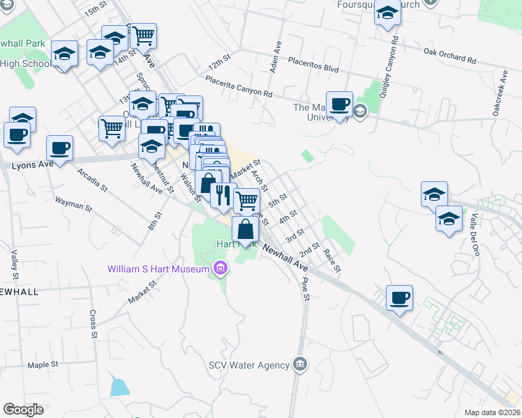 map of restaurants, bars, coffee shops, grocery stores, and more near 22510 5th Street in Santa Clarita