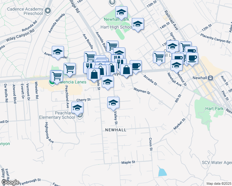map of restaurants, bars, coffee shops, grocery stores, and more near 24705 Valley Street in Santa Clarita