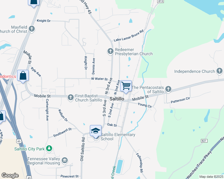 map of restaurants, bars, coffee shops, grocery stores, and more near 342 South 3rd Avenue in Saltillo