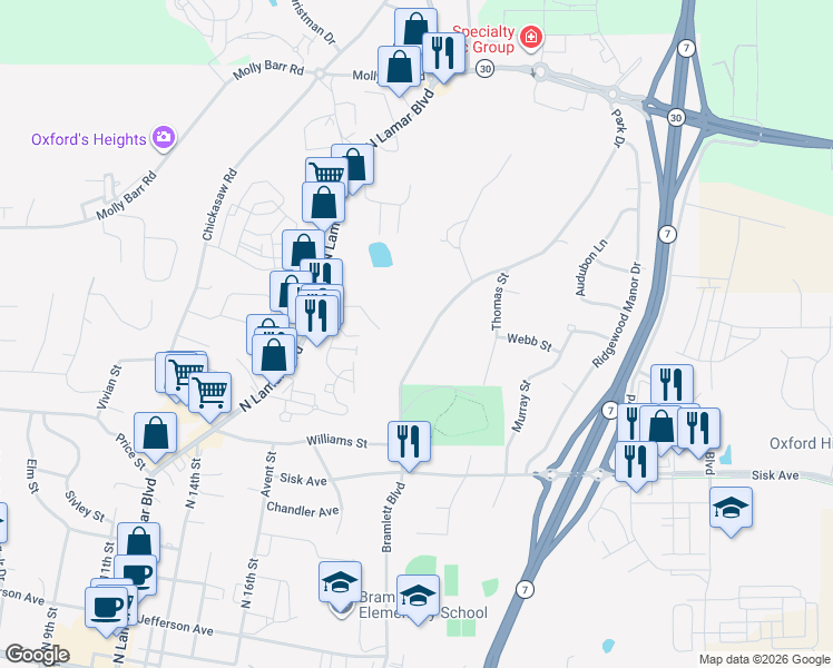 map of restaurants, bars, coffee shops, grocery stores, and more near 400 Park Drive in Oxford