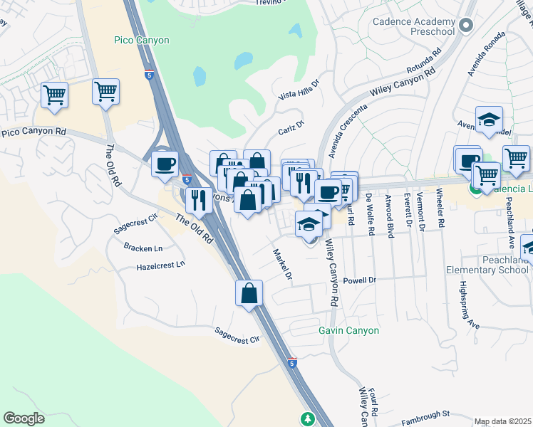 map of restaurants, bars, coffee shops, grocery stores, and more near 25273 Avenue Dorena in Santa Clarita
