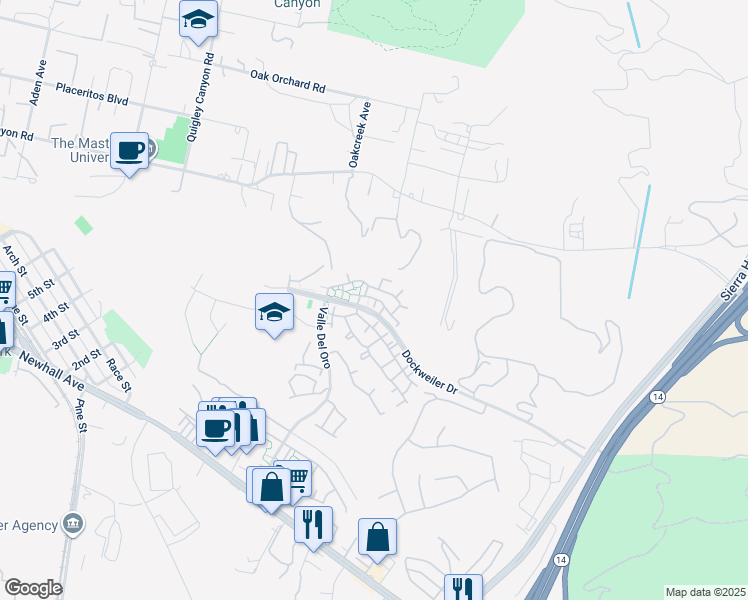 map of restaurants, bars, coffee shops, grocery stores, and more near 21314 Nandina Lane in Santa Clarita