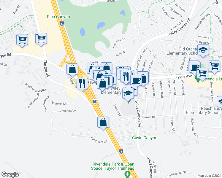 map of restaurants, bars, coffee shops, grocery stores, and more near 25273 Avenue Dorena in Santa Clarita