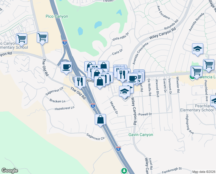 map of restaurants, bars, coffee shops, grocery stores, and more near 25216 Markel Drive in Santa Clarita