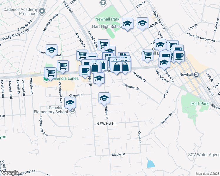 map of restaurants, bars, coffee shops, grocery stores, and more near 24700 Valley Street in Santa Clarita