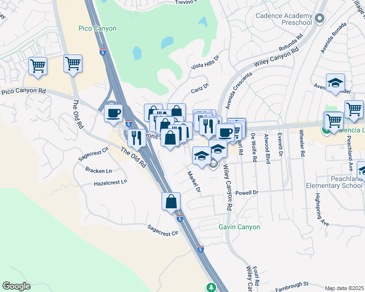 map of restaurants, bars, coffee shops, grocery stores, and more near 25216 Markel Drive in Santa Clarita