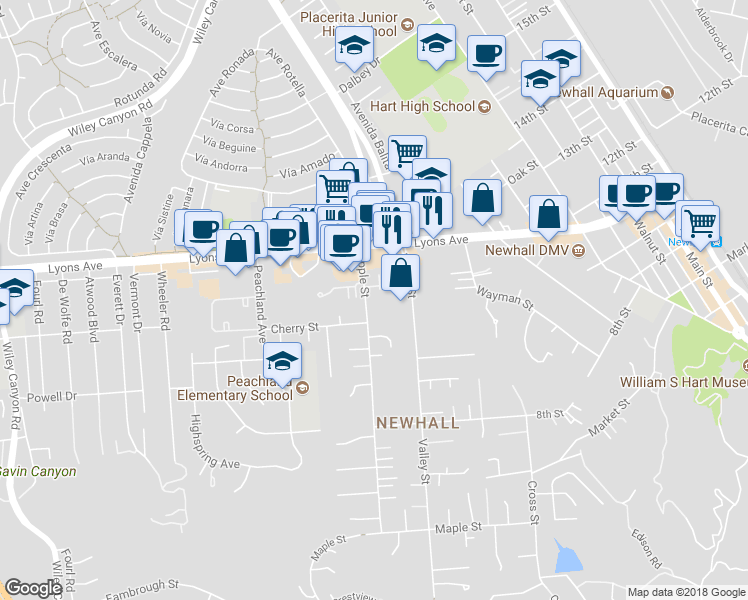 map of restaurants, bars, coffee shops, grocery stores, and more near 24824 Apple Street in Santa Clarita