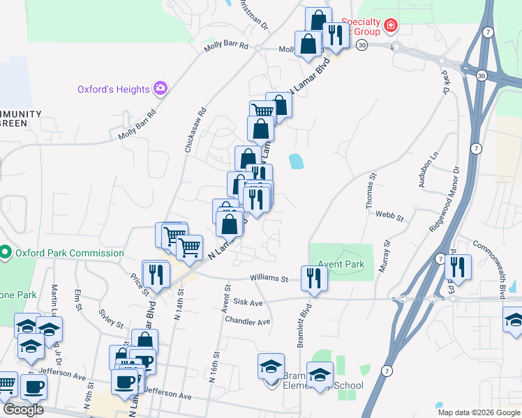 map of restaurants, bars, coffee shops, grocery stores, and more near 1201-1221 Ivy Rd in Oxford