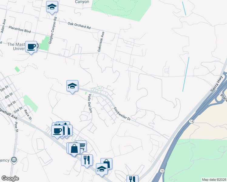 map of restaurants, bars, coffee shops, grocery stores, and more near 24479 Valle Del Oro in Santa Clarita